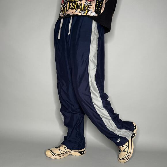 Vintage Y2K Nike Track Pants Mens L Baggy Navy Blue Grey Swoosh Sweatpants - Picture 1 of 4